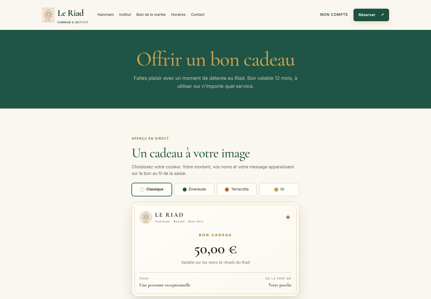 Page réelle des bons cadeaux du Riad et aperçu personnalisable