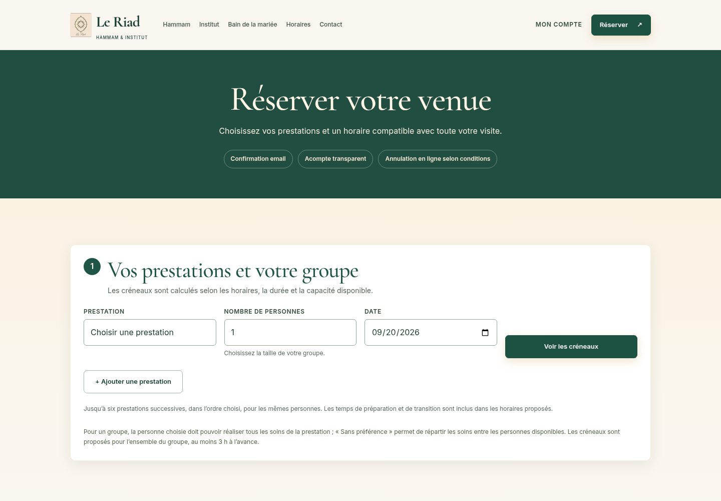 Formulaire réel de réservation du Riad : prestation, nombre de personnes et date
